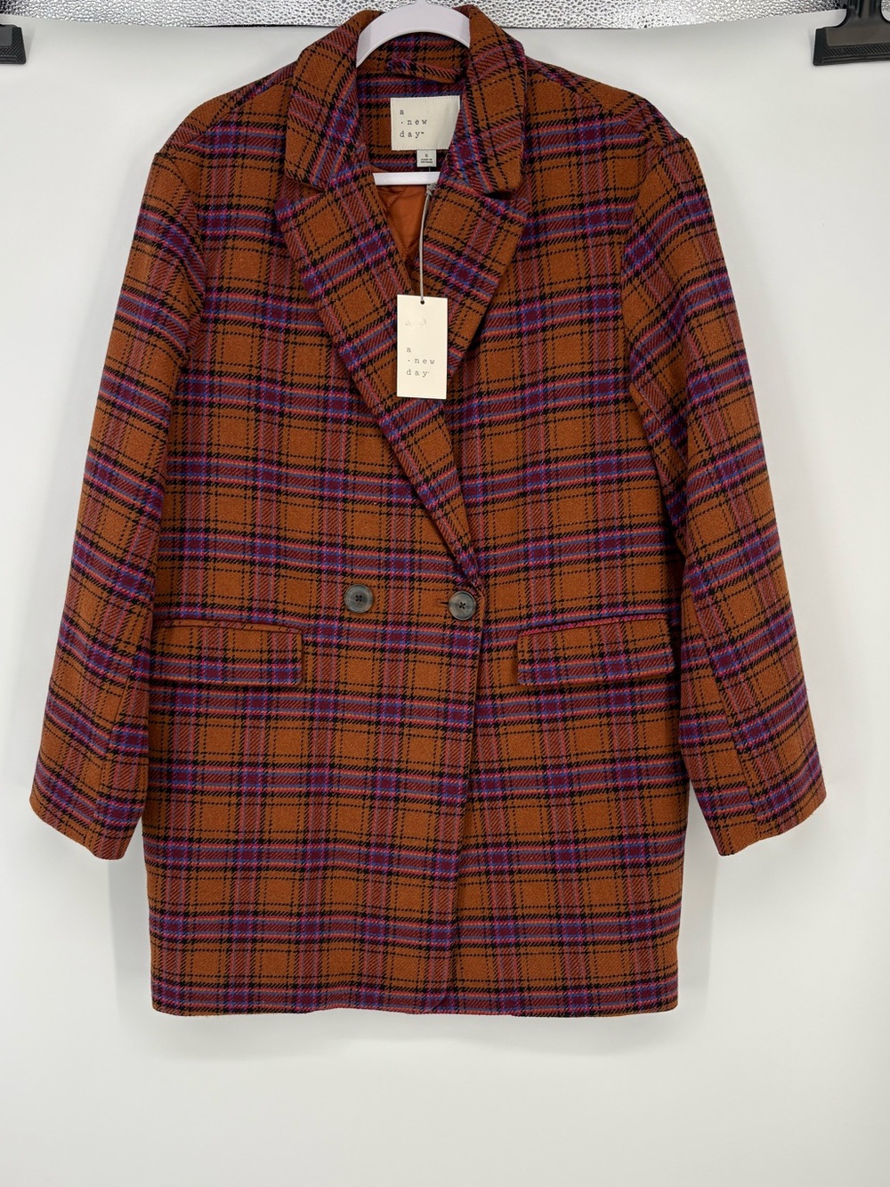A New Day Women’s Small Plaid Button Closure Pockets Coat NWT